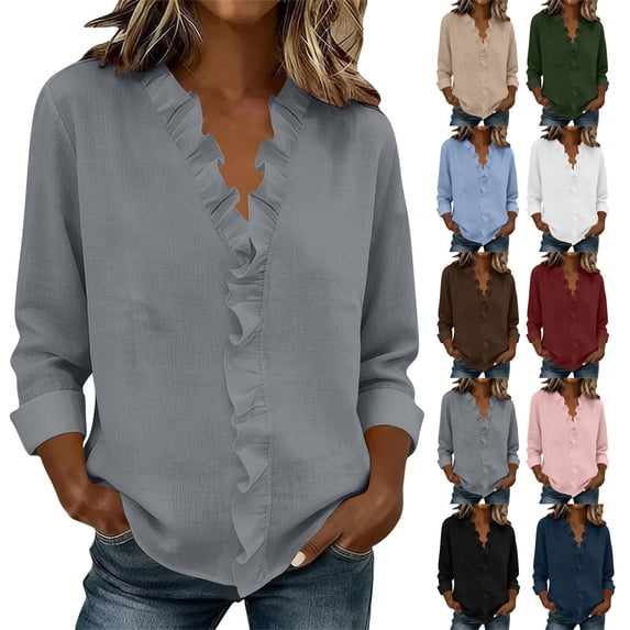 Dvprdro Womens Cotton Linen Pullover Tops Long Sleeve V Neck Blouses Solid Casual Shirts with Ruffle Hem