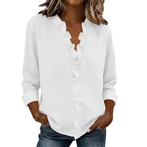 Dvprdro Womens Cotton Linen Pullover Tops Long Sleeve V Neck Blouses Solid Casual Shirts with Ruffle Hem