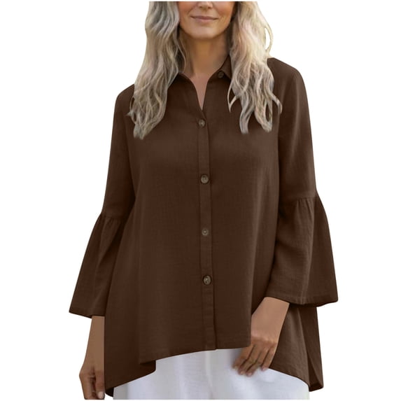 Dvprdro Womens Cotton Linen Ruffle Hem Blouses 3/4 Sleeve Button Down Collared Shirts