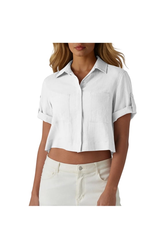 Womens Cotton Linen Short Sleeve Blouses Collared Button Front Patch Pocket Cropped Solid Summer Tops