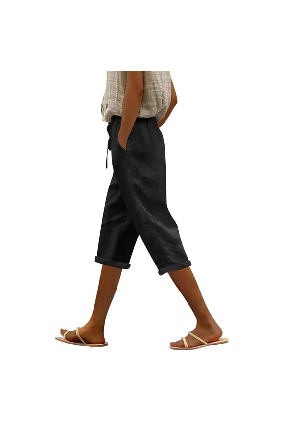 Womens Cotton Linen Straight Leg Cropped Pants Drawstring Elastic Waist Side Pockets Cuffed Hem Solid Summer