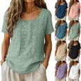 thumbnail image 1 of Dvprdro Womens Cotton Linen Tops Short Sleeve Crewneck Blouses Embroidery Solid Casual Summer Shirts, 1 of 9