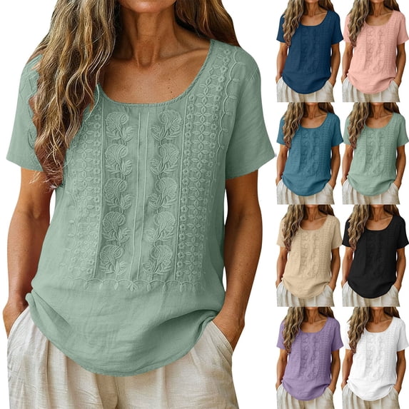 Dvprdro Womens Cotton Linen Tops Short Sleeve Crewneck Blouses Embroidery Solid Casual Summer Shirts
