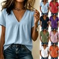 thumbnail image 1 of Dvprdro Womens Cotton Linen V Neck Short Sleeve Tops Summer Casual Solid Light weight Blouses Tees, 1 of 9