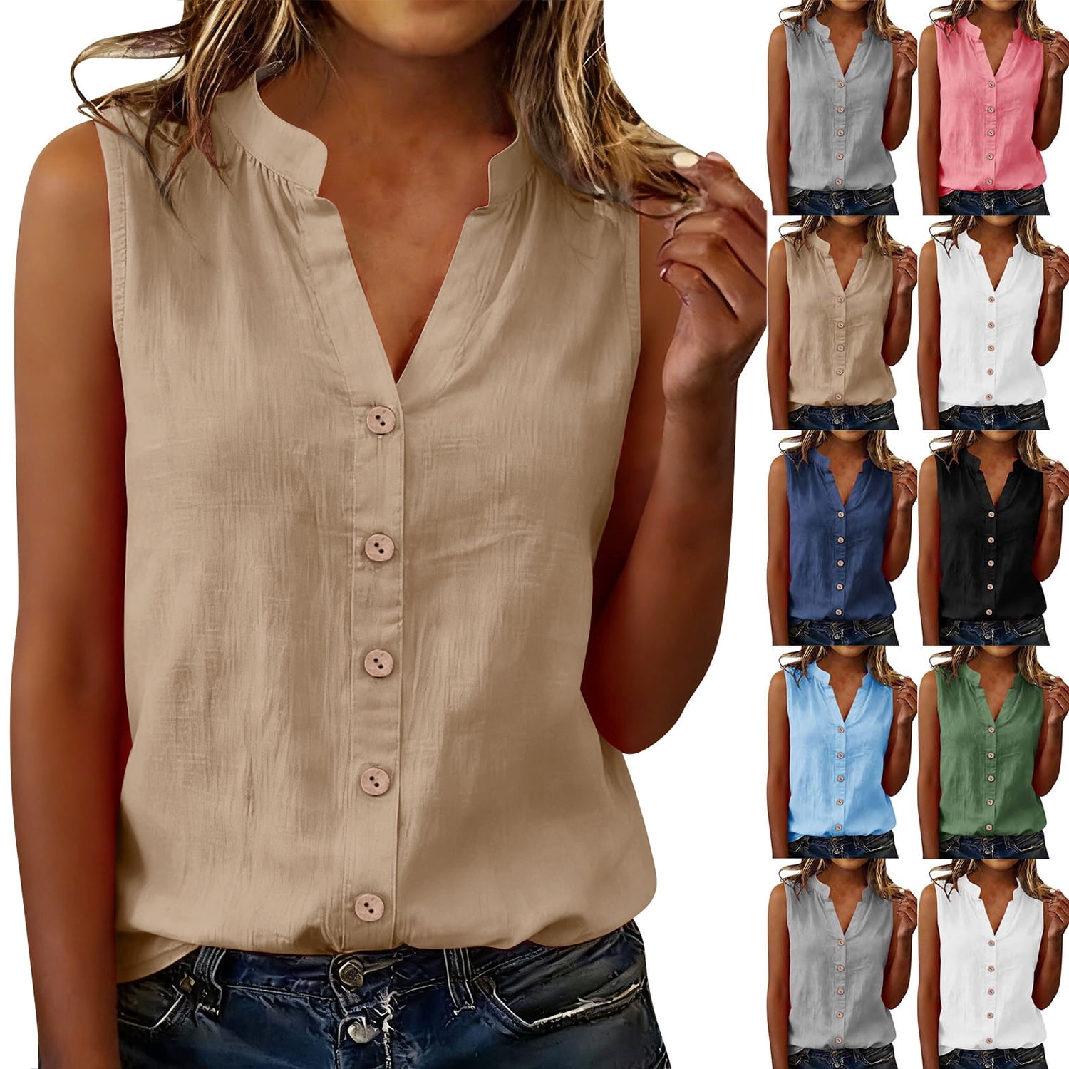 Dvprdro Womens Cotton Linen V Neck Sleeveless Button Front Shirts ...