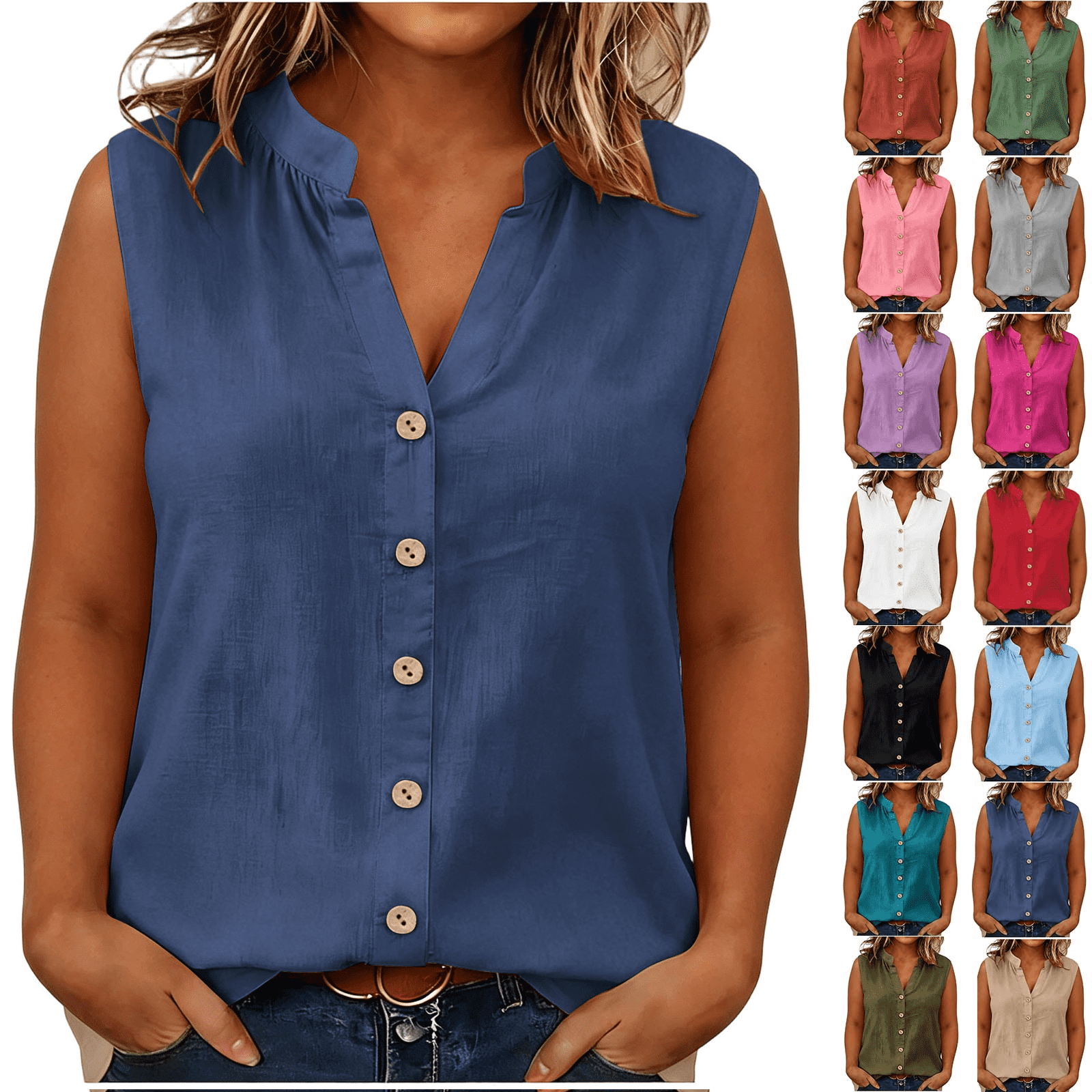 Dvprdro Womens Cotton Linen V Neck Sleeveless Button Front Shirts ...
