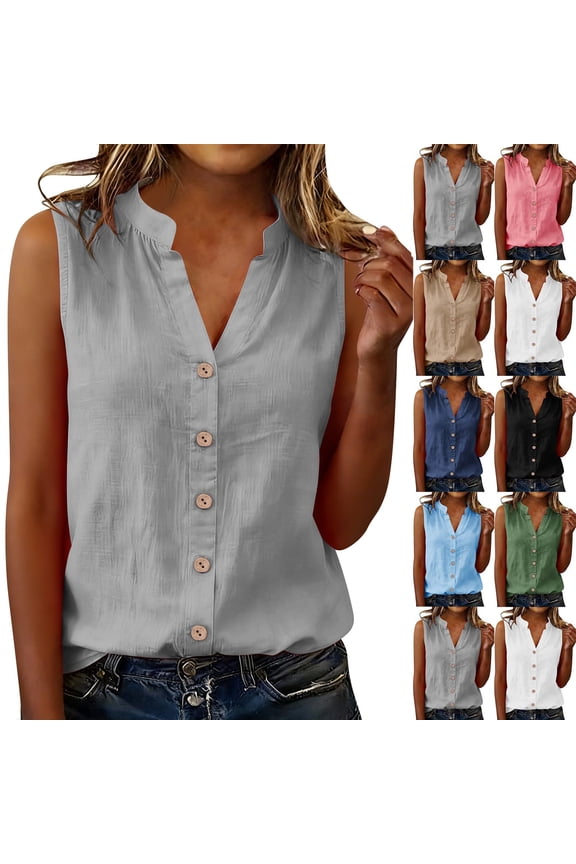 Womens Cotton Linen V Neck Sleeveless Button Front Shirts Casual Cardigan Blouses