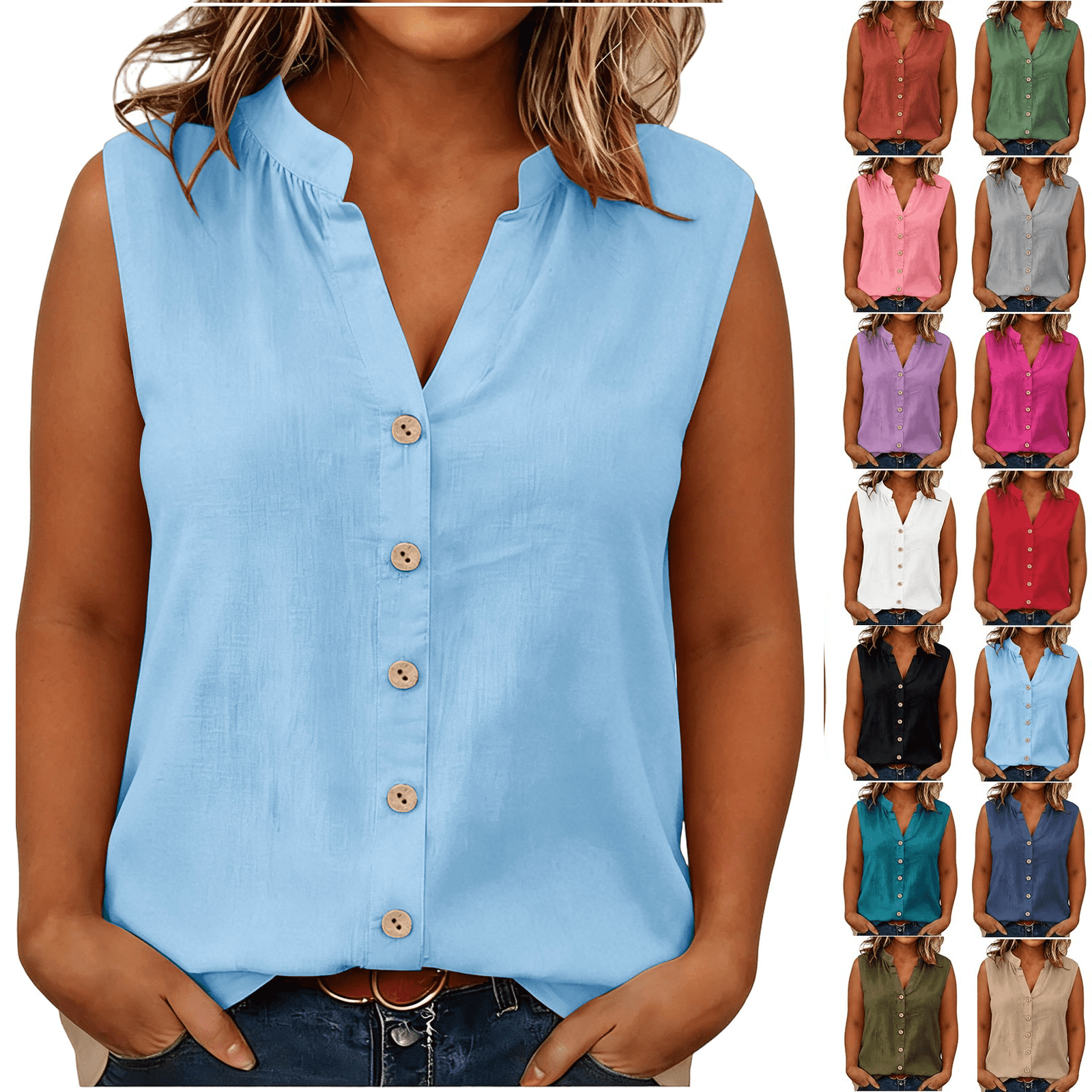 Dvprdro Womens Cotton Linen V Neck Sleeveless Button Front Shirts ...