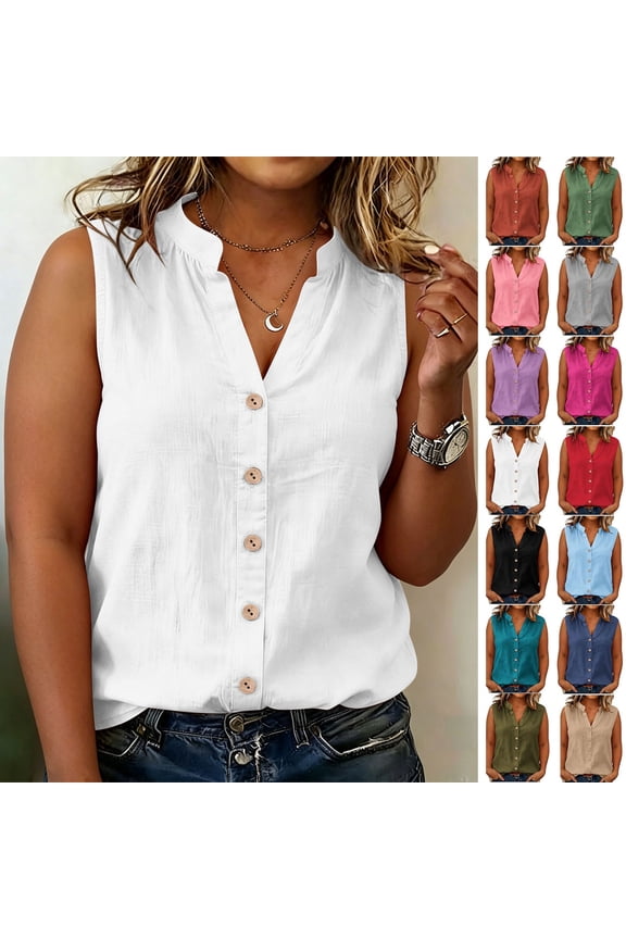 Womens Cotton Linen V Neck Sleeveless Button Front Shirts Casual Cardigan Blouses