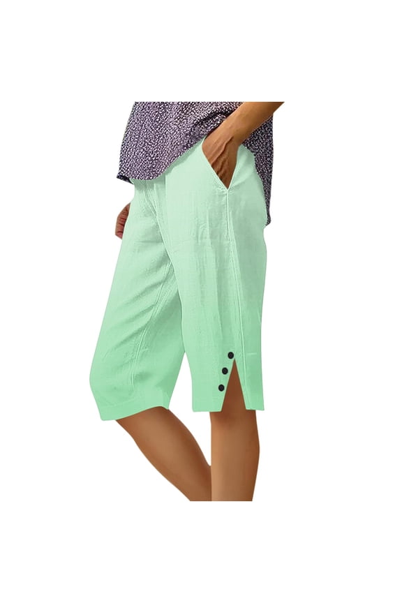 Womens Cotton Shorts with Pockets Side Slit Detail Elastic Waist Gradient Summer Shorts