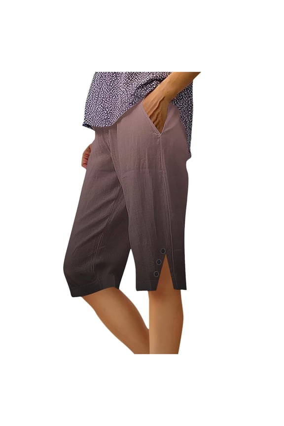 Womens Cotton Shorts with Pockets Side Slit Detail Elastic Waist Gradient Summer Shorts