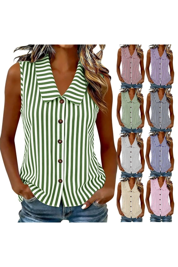 Womens Cotton Striped Top Collared Sleeveless Button Front Loose Fit Summer Casual Shirt