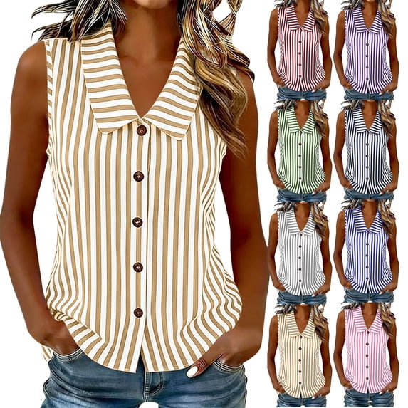 Dvprdro Womens Cotton Striped Top Collared Sleeveless Button Front Loose Fit Summer Casual Shirt