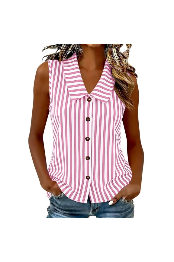 Womens Cotton Striped Top Collared Sleeveless Button Front Loose Fit Summer Casual Shirt