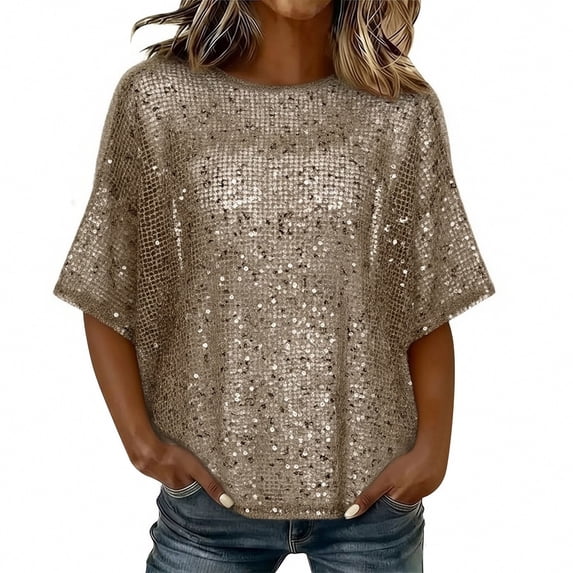 Dvprdro Womens Crew Neck Sequin T Shirts Short Sleeve Glitter Top Solid Party Going Out Blouse