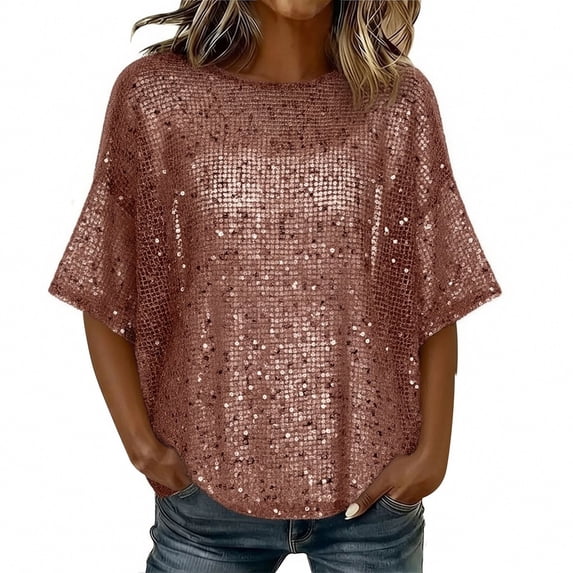 Dvprdro Womens Crew Neck Sequin T Shirts Short Sleeve Glitter Top Solid Party Going Out Blouse