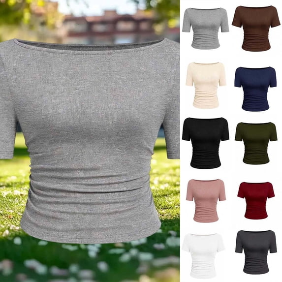 Dvprdro Womens Crew Neck Side Ruched T Shirts Short Sleeve Slim Fit Stretchy Solid Summer Casual Tops