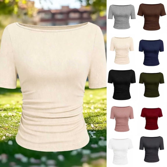 Dvprdro Womens Crew Neck Side Ruched T Shirts Short Sleeve Slim Fit Stretchy Solid Summer Casual Tops