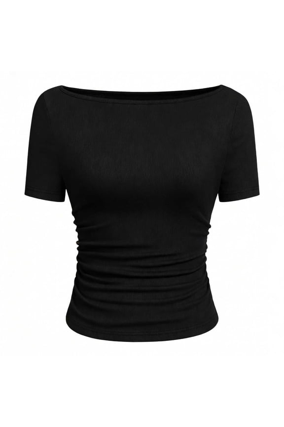 Womens Crew Neck Side Ruched T Shirts Short Sleeve Slim Fit Stretchy Solid Summer Casual Tops