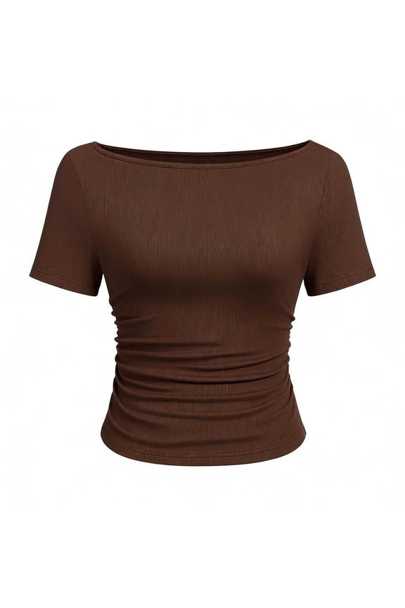 Womens Crew Neck Side Ruched T Shirts Short Sleeve Slim Fit Stretchy Solid Summer Casual Tops