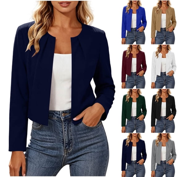 Dvprdro Womens Cropped Blazer Crew Neck Ruched Short Jacket Long Sleeve Solid Casual Work Office Outwear