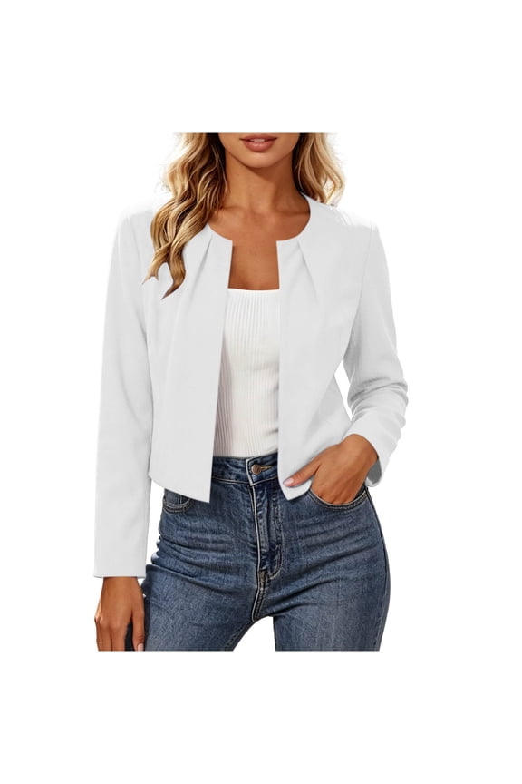 Womens Cropped Blazer Crew Neck Ruched Short Jacket Long Sleeve Solid Casual Work Office Outwear