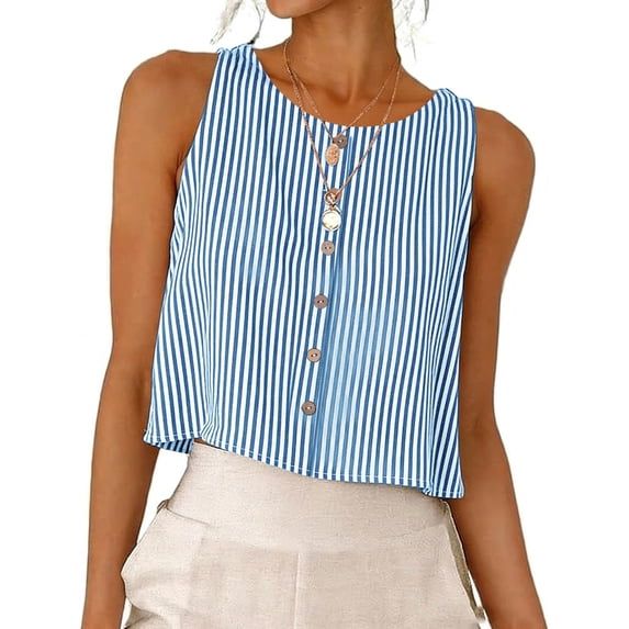 Dvprdro Womens Cropped Button Tank Tops Striped Cotton Linen Feel Sleeveless Blouses Casual Summer Round Neck Tops
