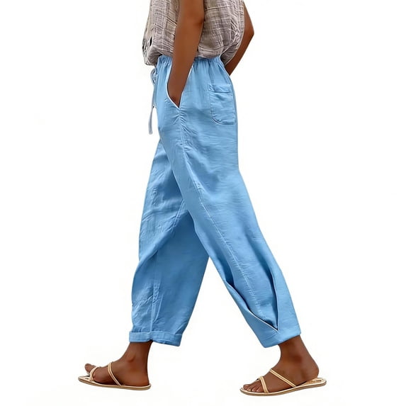 Dvprdro Womens Drawstring Linen Pants Cuffed Leg Hem Loose Fit Side Pockets Solid Casual Summer Bottoms