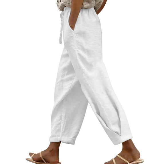 Dvprdro Womens Drawstring Linen Pants Cuffed Leg Hem Loose Fit Side Pockets Solid Casual Summer Bottoms