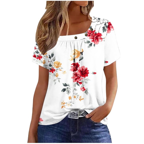 Dvprdro Womens Floral Print Round Neck Top Short Sleeve Ruched Detail Breathable Summer T Shirts