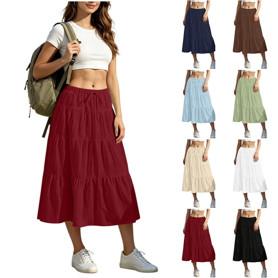 Dvprdro Womens Flowy A Line Midi Skirt Drawstring Elastic Waist High Waisted Skirt with Pockets Solid Casual Summer Beach Vacation Office Travel Skirts
