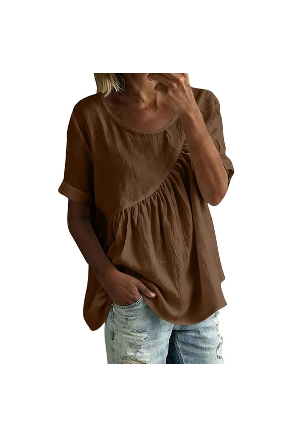 Womens Gathered Top Short Sleeve Round Neck Loose Fit Breathable Solid Summer Tops