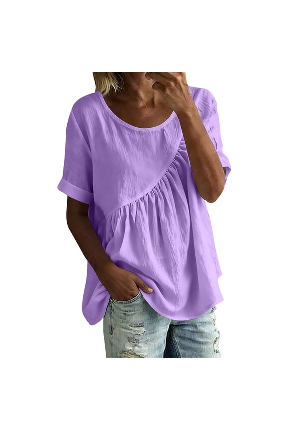 Womens Gathered Top Short Sleeve Round Neck Loose Fit Breathable Solid Summer Tops