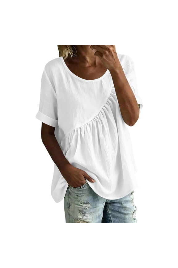 Womens Gathered Top Short Sleeve Round Neck Loose Fit Breathable Solid Summer Tops