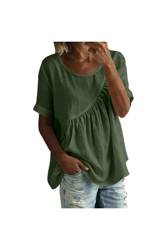 Womens Gathered Top Short Sleeve Round Neck Loose Fit Breathable Solid Summer Tops