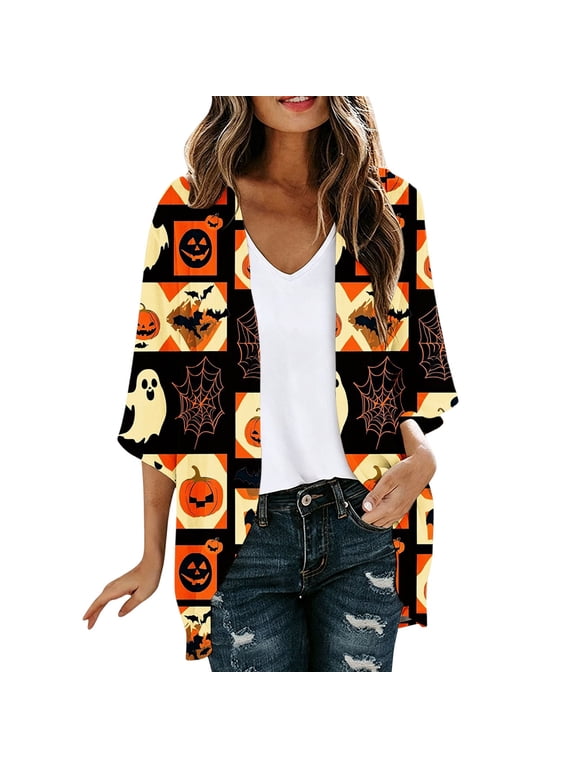 Womens Halloween Cardigan Open Front 3/4 Sleeve V Neck Shrug Lightweight Fall Knit Tops