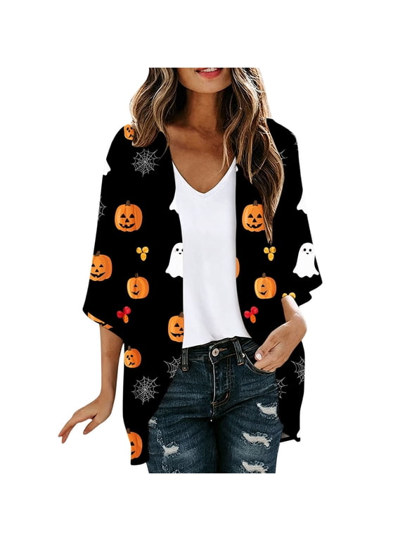 Womens Halloween Cardigan Open Front 3/4 Sleeve V Neck Shrug Lightweight Fall Knit Tops