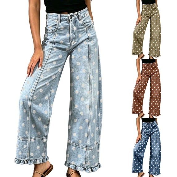 Dvprdro Womens High Waist Patchwork Flare Jeans Ruffle Hem Denim Pants with Button Detail Casual Streetwear