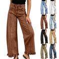 thumbnail image 1 of Dvprdro Womens High Waist Patchwork Flare Jeans Ruffle Hem Denim Pants with Button Detail Casual Streetwear, 1 of 7