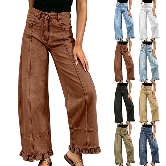 Dvprdro Womens High Waist Patchwork Flare Jeans Ruffle Hem Denim Pants with Button Detail Casual Streetwear