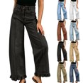thumbnail image 1 of Dvprdro Womens High Waist Patchwork Flare Jeans Ruffle Hem Denim Pants with Button Detail Casual Streetwear, 1 of 7