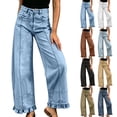 thumbnail image 1 of Dvprdro Womens High Waist Patchwork Flare Jeans Ruffle Hem Denim Pants with Button Detail Casual Streetwear, 1 of 7