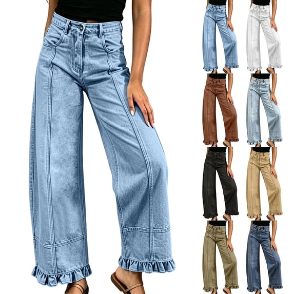 Dvprdro Womens High Waist Patchwork Flare Jeans Ruffle Hem Denim Pants with Button Detail Casual Streetwear