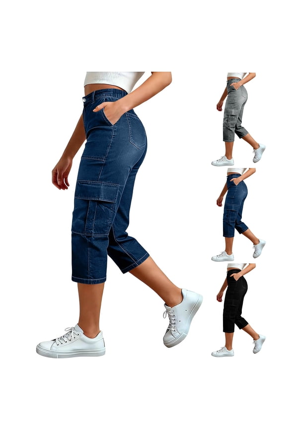 Womens High Waist Straight Leg Crop Jeans with Pockets Front and Back Pockets Summer Denim Capris