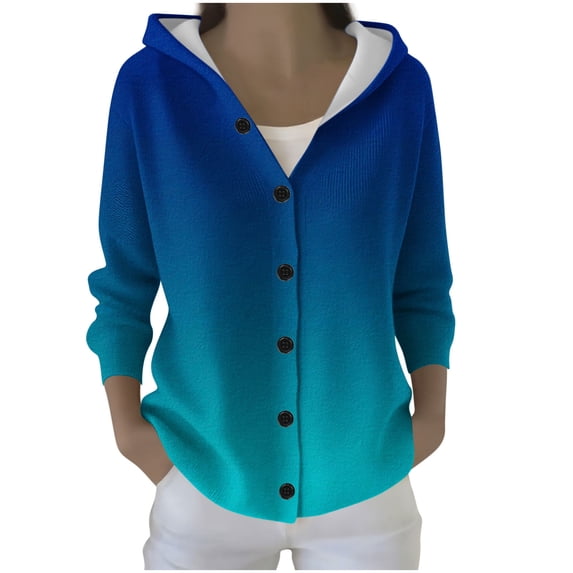 Dvprdro Womens Hooded Cardigan Sweaters Ombre Button Front Knit Sweater Coat Long Sleeve Jacket Outerwear
