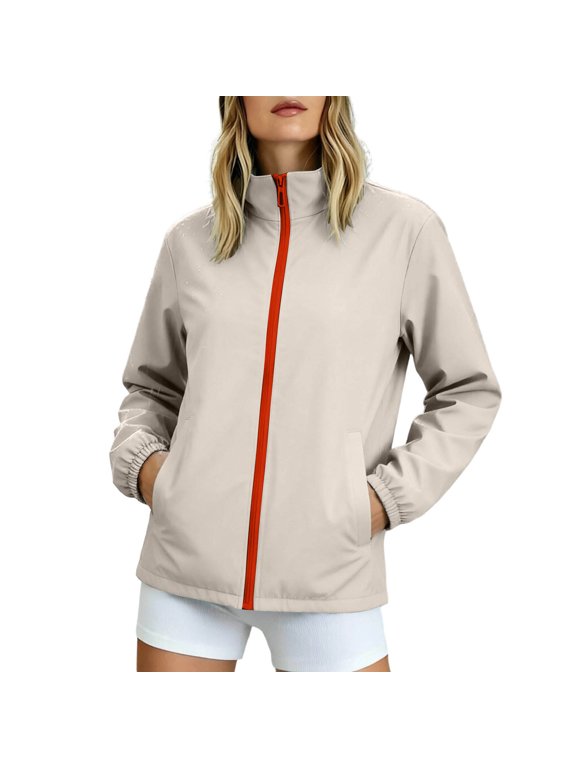 Womens Hoodless Waterproof Jacket Outdoor Windbreaker with Pockets Light weight Packable for Hiking Travel Casual