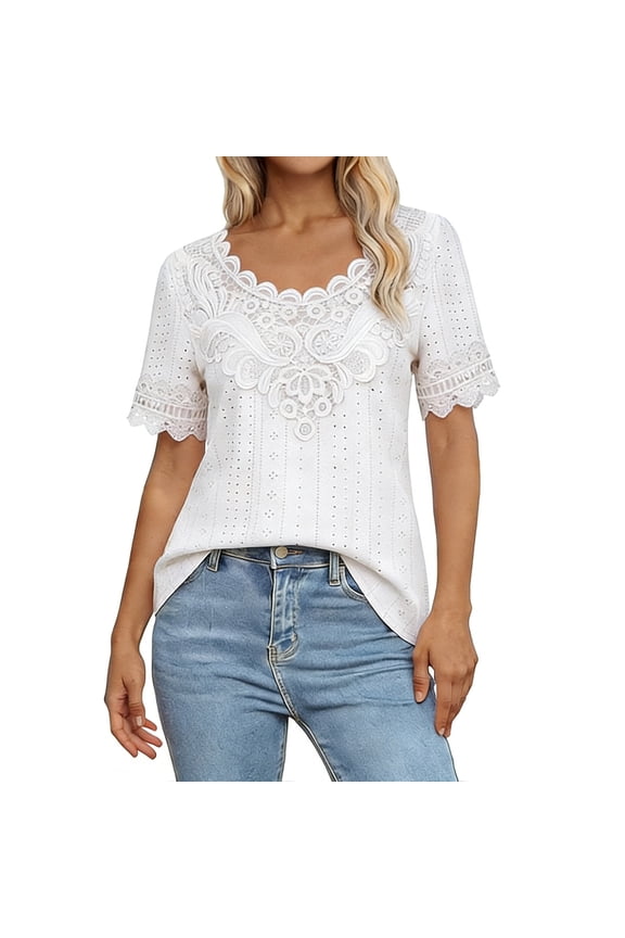 Womens Lace Panel Round Neck T Shirt Short Sleeve Soft Breathable Solid Everyday Blouse