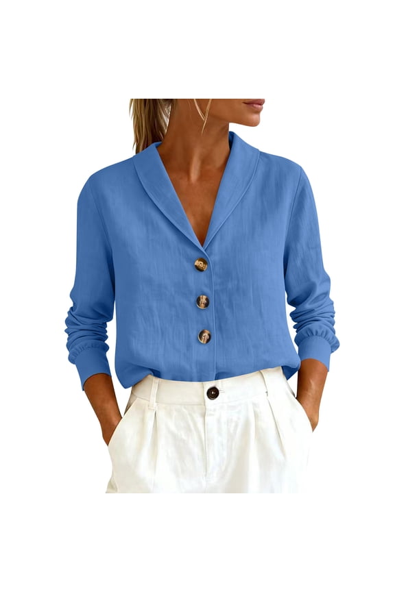 Womens Long Sleeve Button Front Shirts Collared V Neck Blouses Linen Tops for Women Light Blue XL