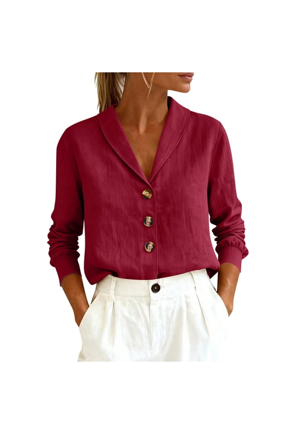 Womens Long Sleeve Button Front Shirts Collared V Neck Blouses Linen Tops for Women Wine S