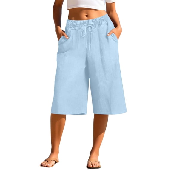 Dvprdro Womens Loose Fit Wide Leg Capri Pants Elastic Drawstring Waist Side Pockets Solid Cotton Pants Summer